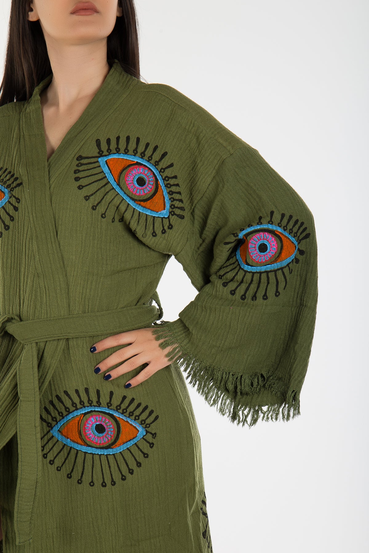 Aria Army Green Handmade Cotton Evil Eye Kimono Robe