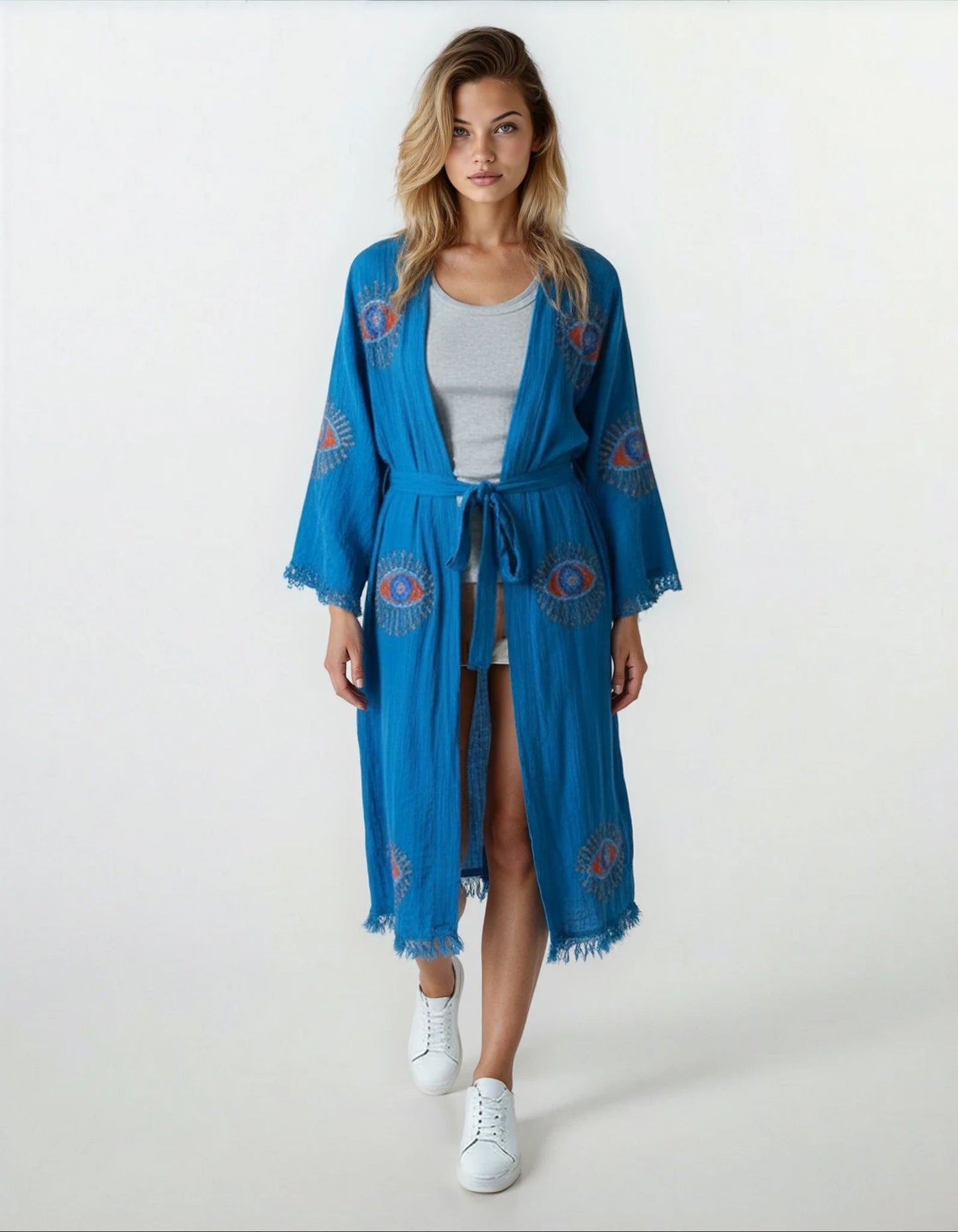Aria Dark Blue Handmade Cotton Evil Eye Kimono Robe