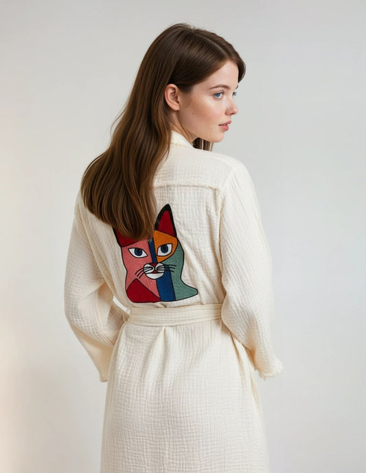 Lucky Cat Colorful Handmade Cotton Kimono Robe