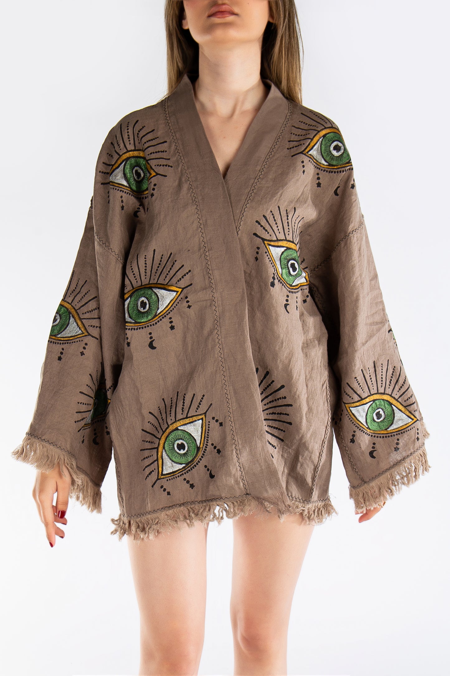 Gaia Linen Brown Short Evil Eye Jacket