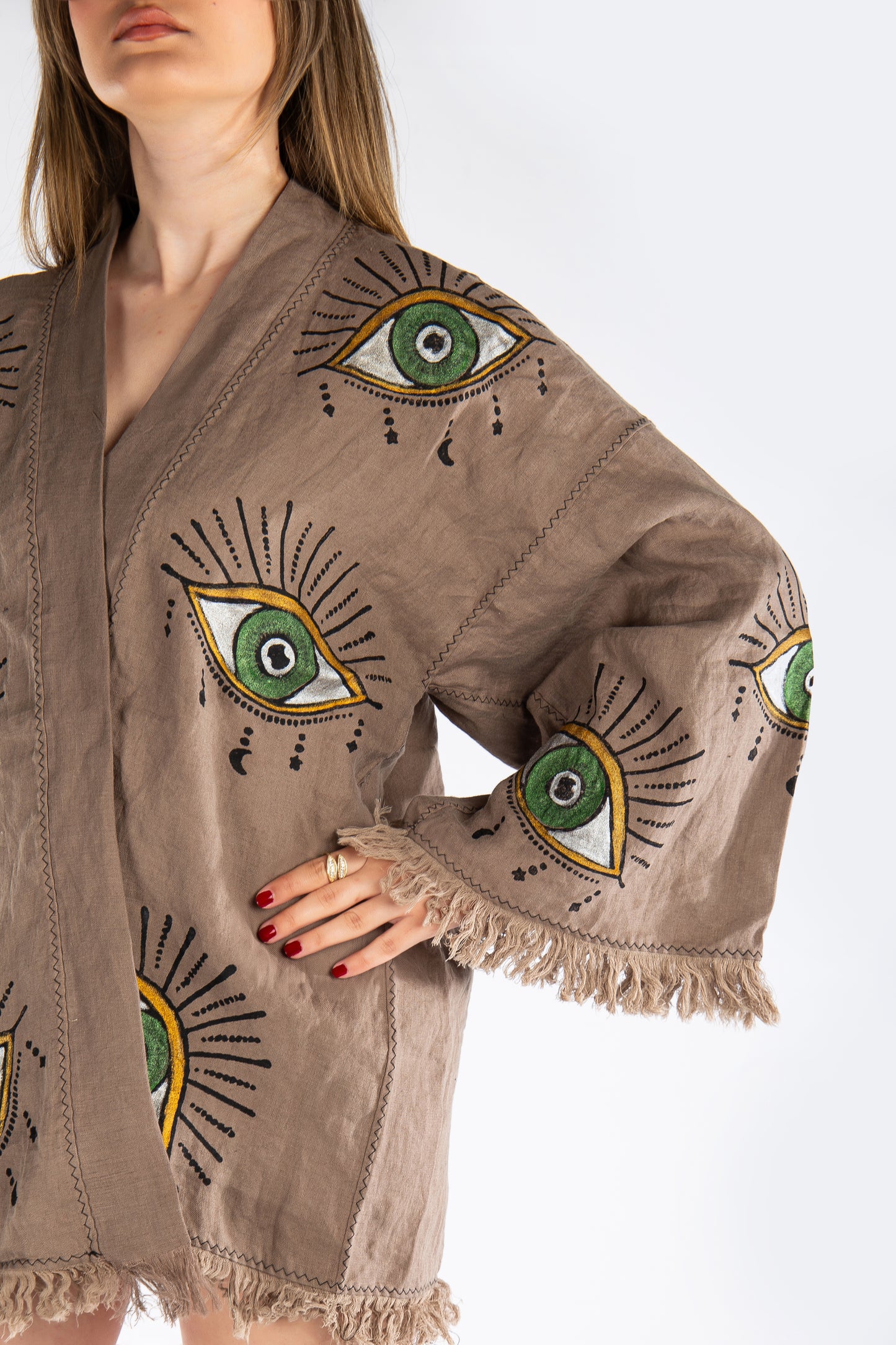 Gaia Linen Brown Short Evil Eye Jacket
