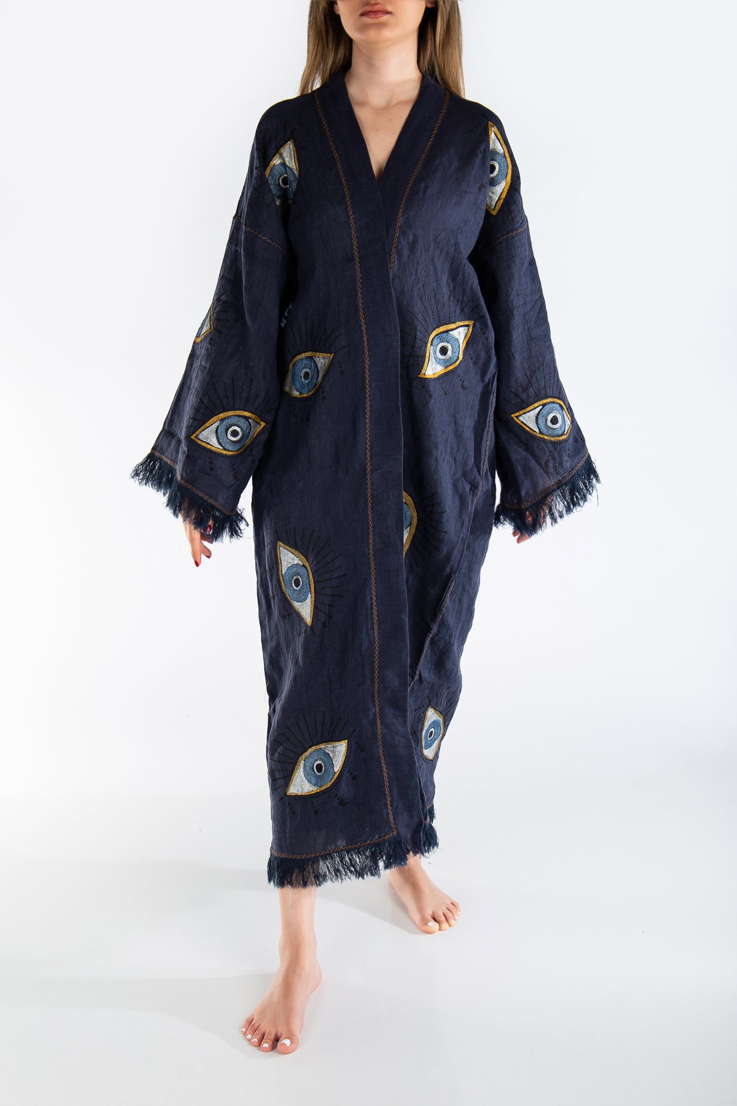 Noya Linen Blue Evil Eye Long Kimono