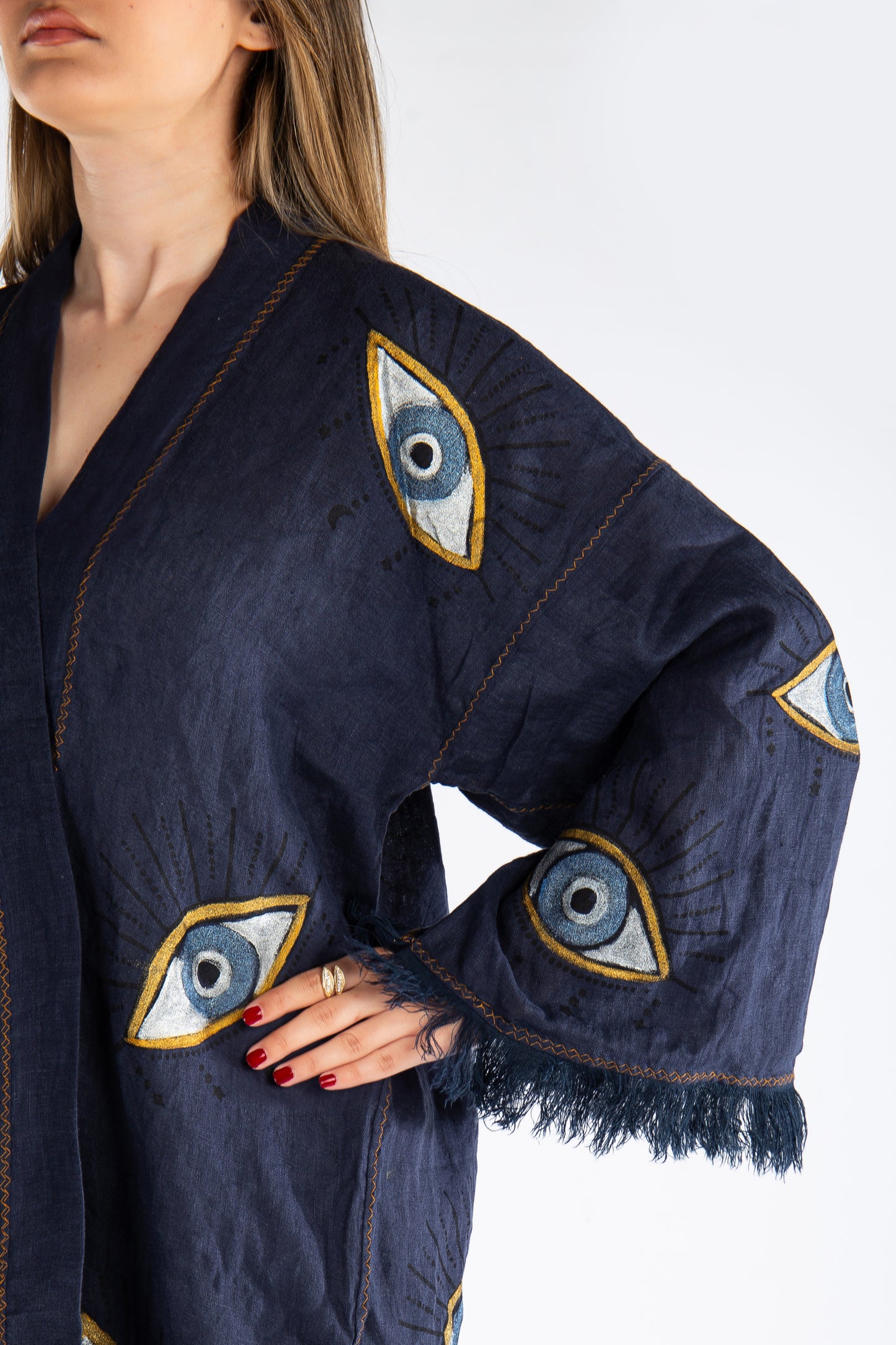 Noya Linen Blue Evil Eye Long Kimono