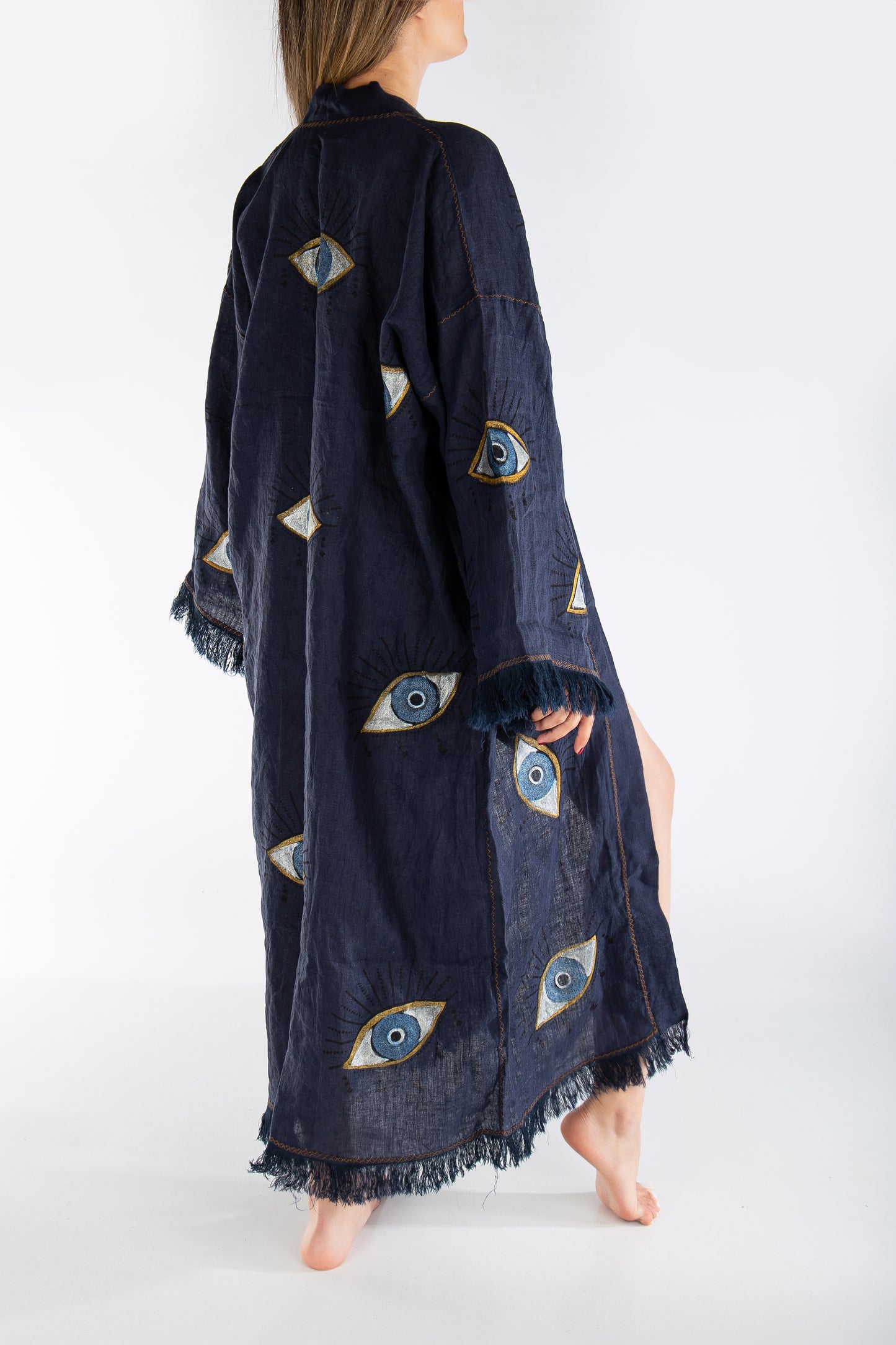 Noya Linen Blue Evil Eye Long Kimono