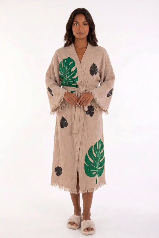Niva Leaf Print Fringed Muslin Robe