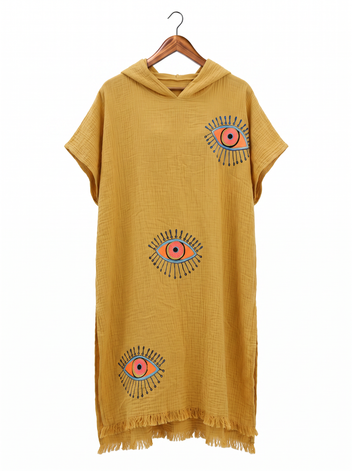 Mira Handmade Muslin Hooded Beach Cover-Up Poncho - Mustard