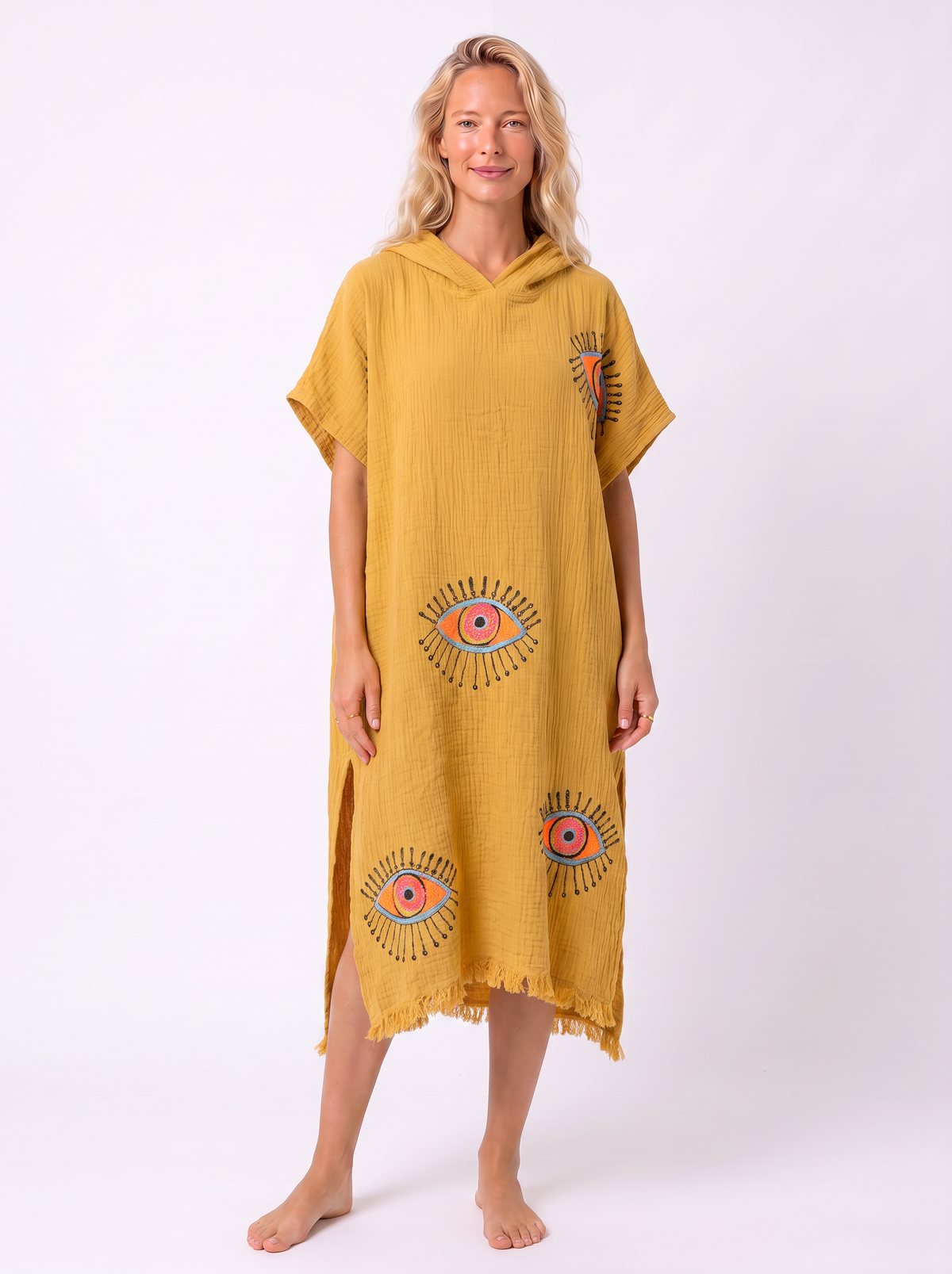 Mira Handmade Muslin Hooded Beach Cover-Up Poncho - Mustard