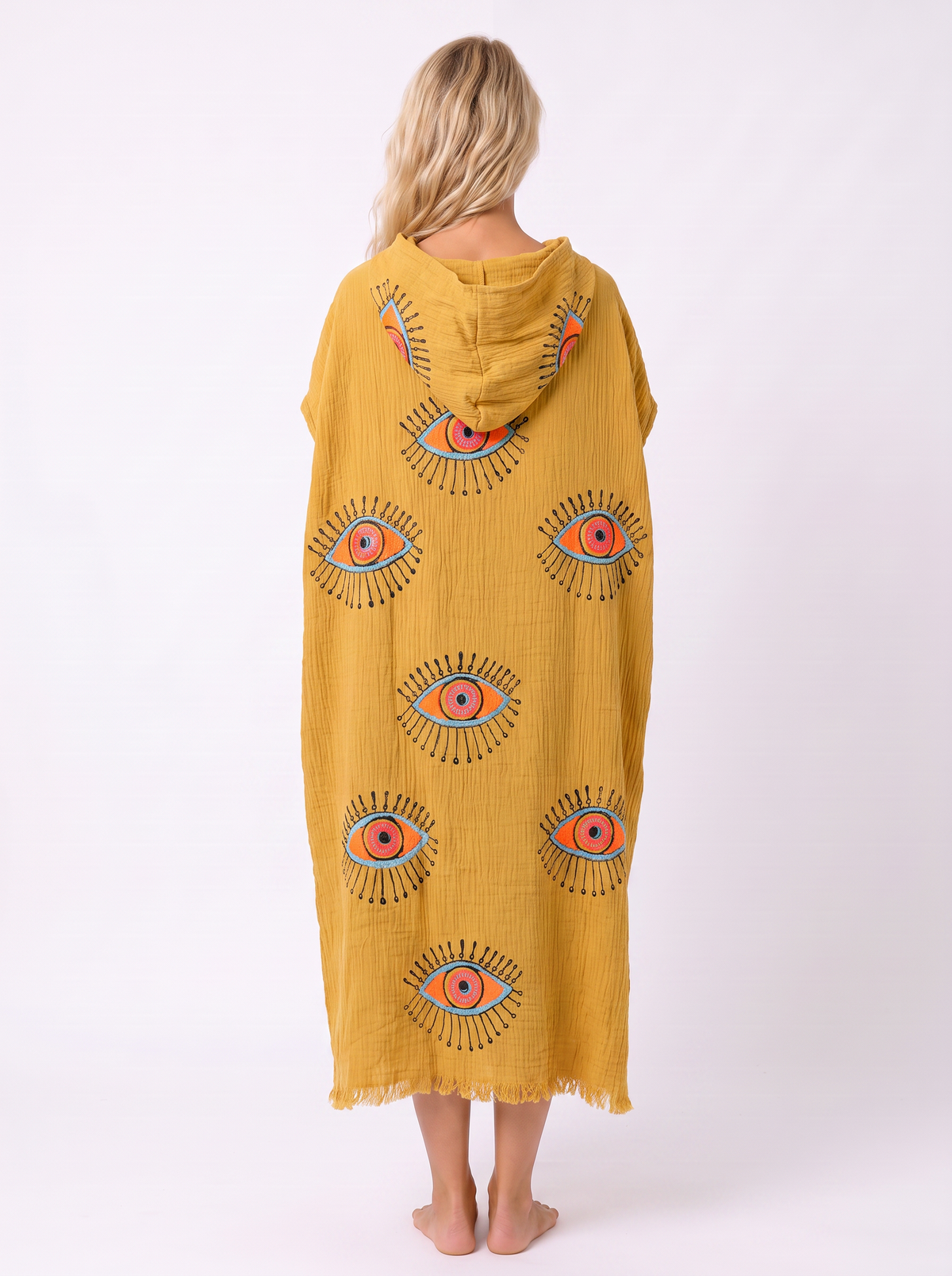 Mira Handmade Muslin Hooded Beach Cover-Up Poncho - Mustard