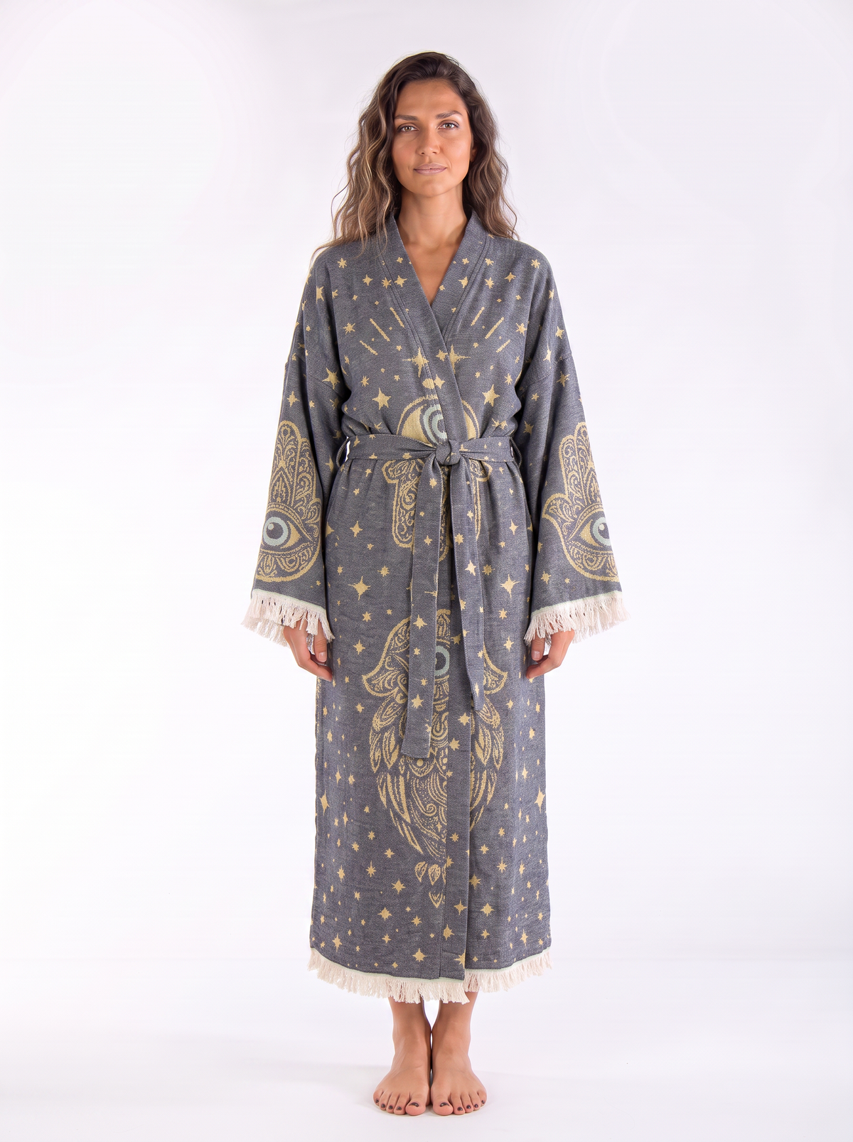 Nyra Handwoven Jacquard Printed Fringed  Festival Robe