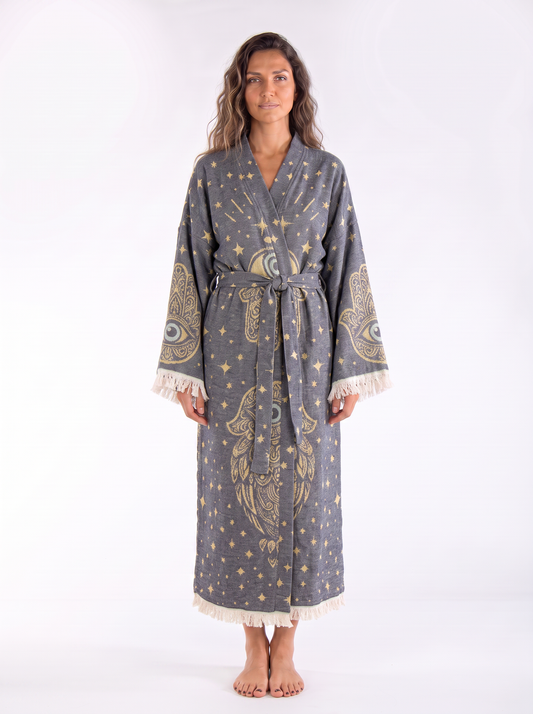 Nyra Handwoven Jacquard Printed Fringed  Festival Robe