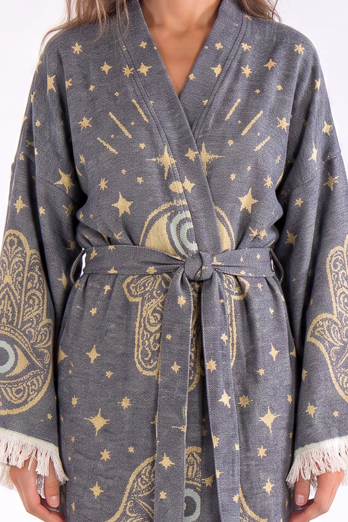 Nyra Handwoven Jacquard Printed Fringed  Festival Robe
