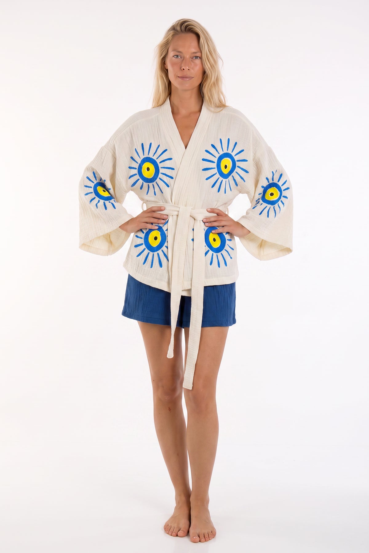 Elia Handmade Printed Fringed Robe and Shorts Two-Piece Set