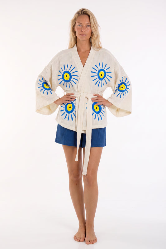 Elia Handmade Printed Fringed Robe and Shorts Two-Piece Set