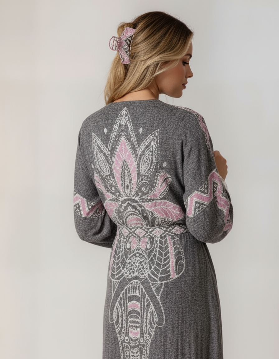 Astrid Gray Elephant Handwoven Cotton Jacquard Kimono Robe