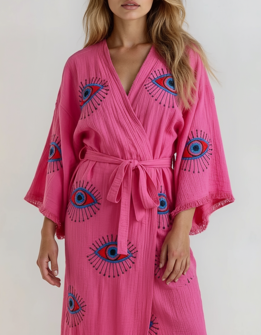 Aria Fushia Pink Handmade Cotton Evil Eye Kimono Robe