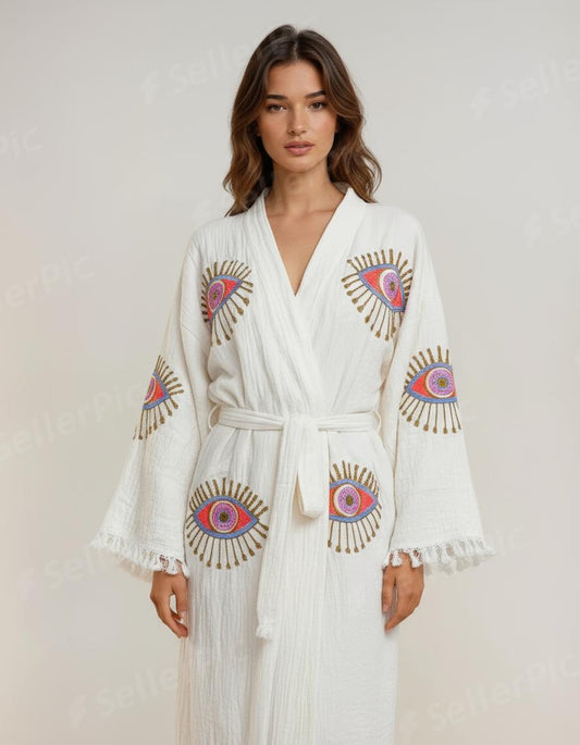 Aria Off-White Handmade Cotton Evil Eye Kimono Robe