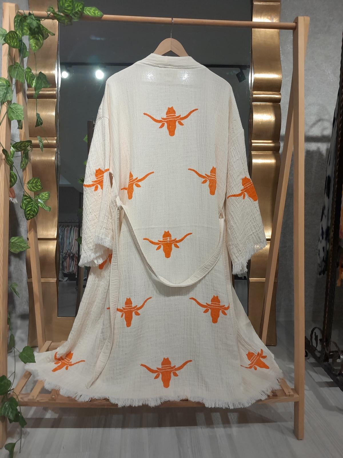 Texas Steer Hand Block Printed Kimono