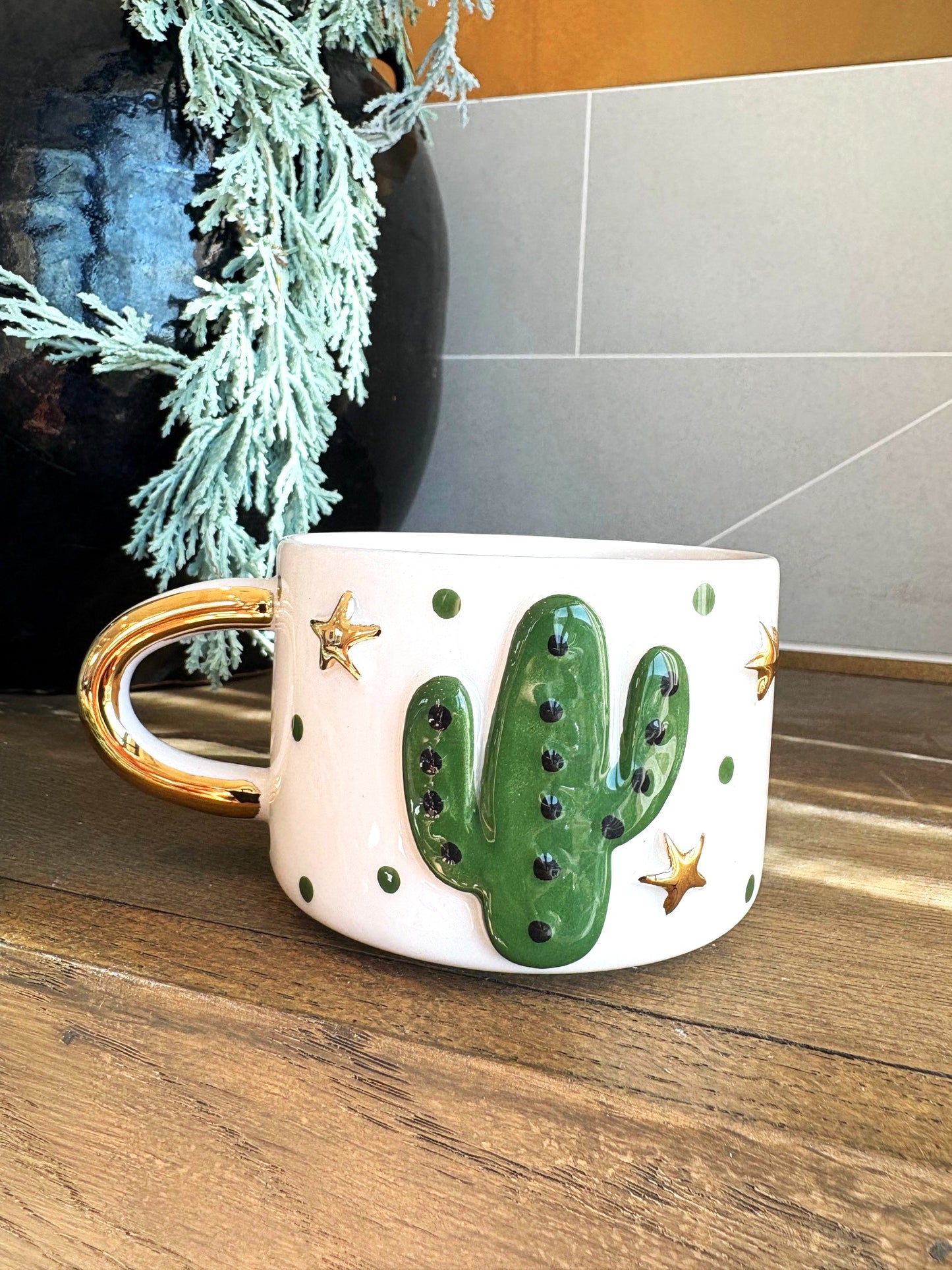 Texas Cactus 24K Gold Handmade Ceramic Coffee & Tea Mug